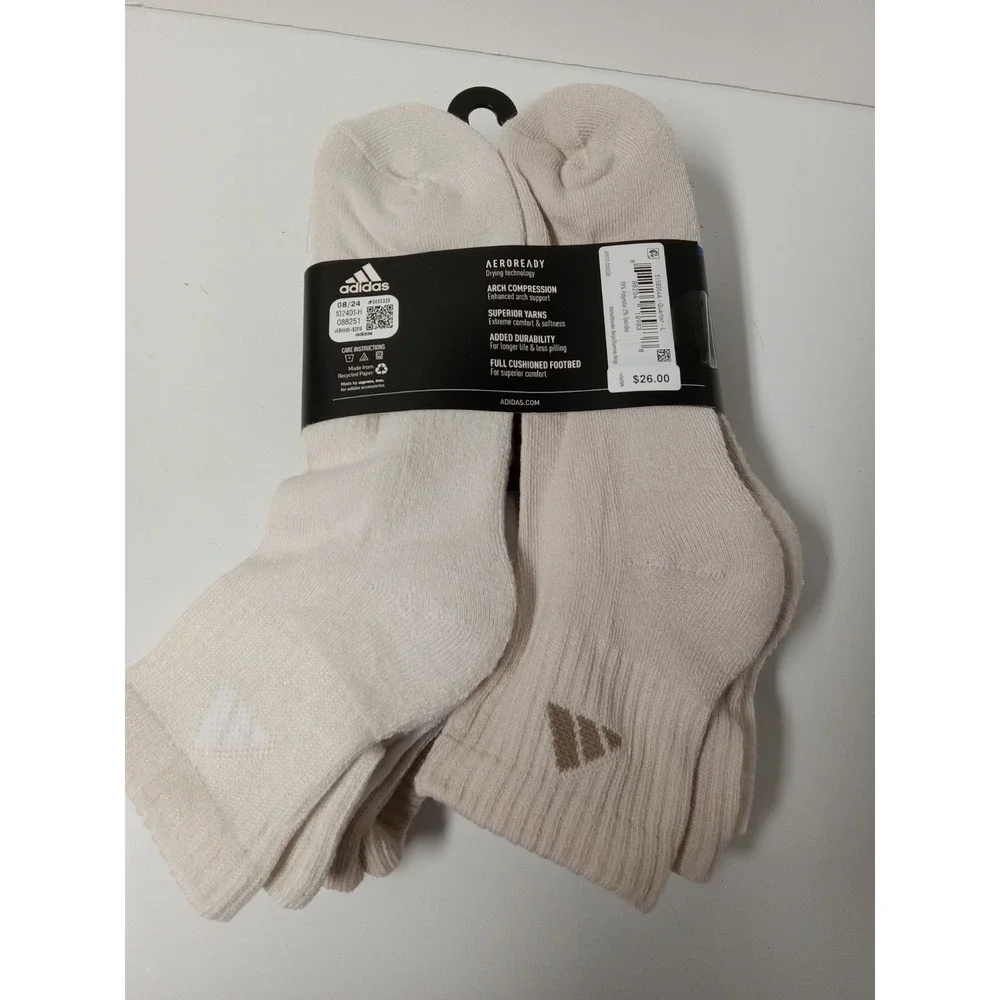 6 Pair Adidas Men's Quarter Socks Tan W/Climacool & Arch Compression Soze 6-12